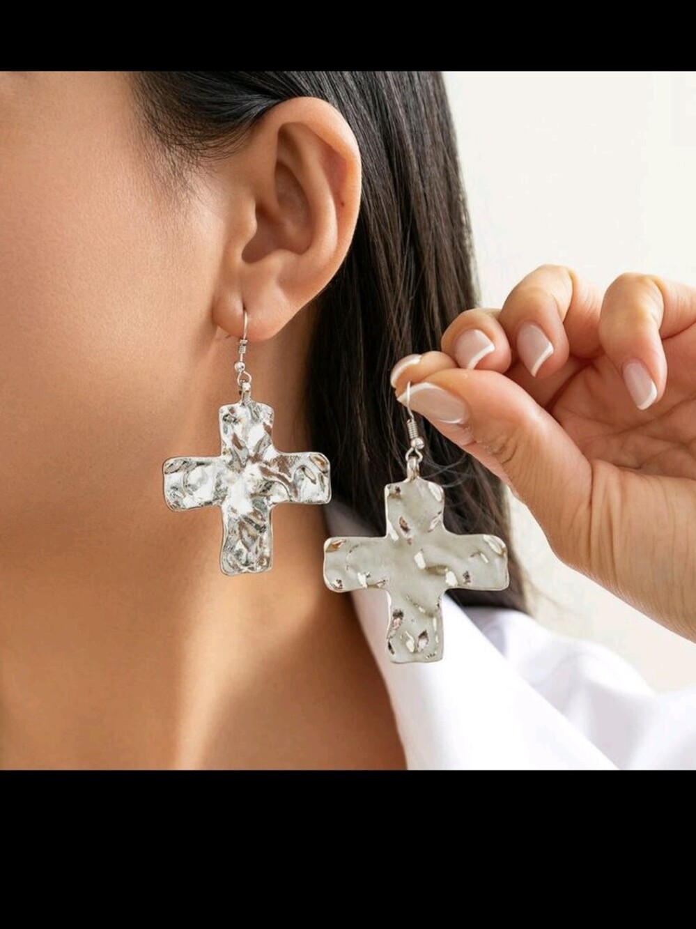 Silver Hammered Cross Drop Earrings - Women Jewelry